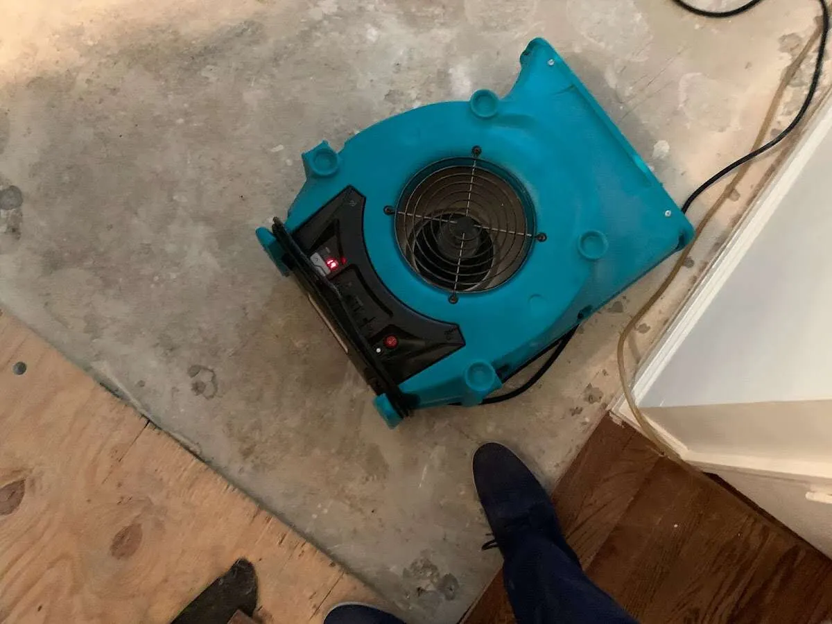 Air mover drying subfloor during Commercial Water Damage Restoration in Holliston